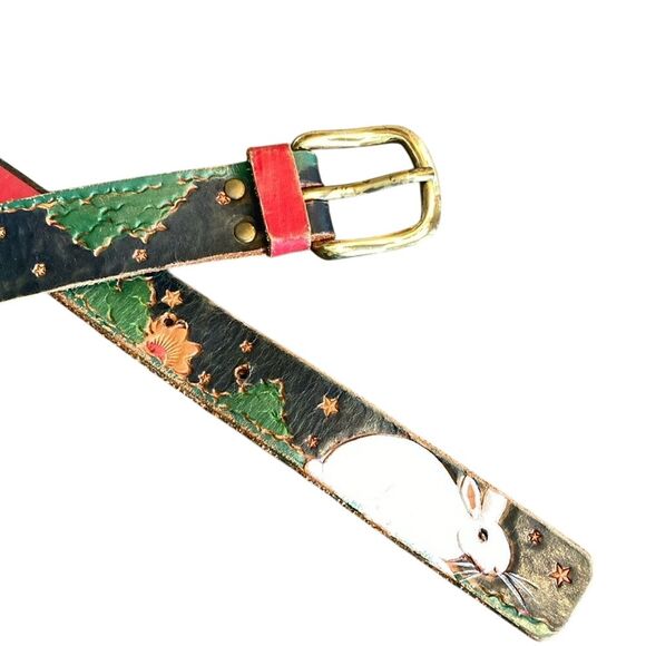 Diane Weiss NYC Vintage Hand Painted Black Leather Farm Pig Rabbit Geese Belt 38 - Picture 1 of 12